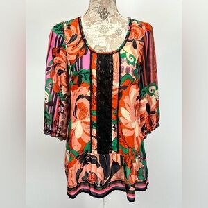 ODILLE for ANTHROPOLOGIE Orange, green & black floral balloon sleeve top size 4
